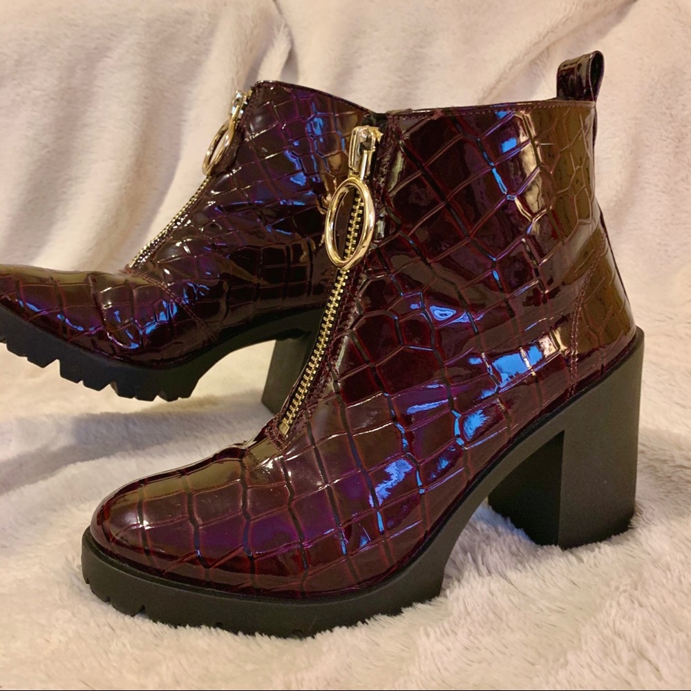 ASOS burgundy patent croc chunky heeled boots